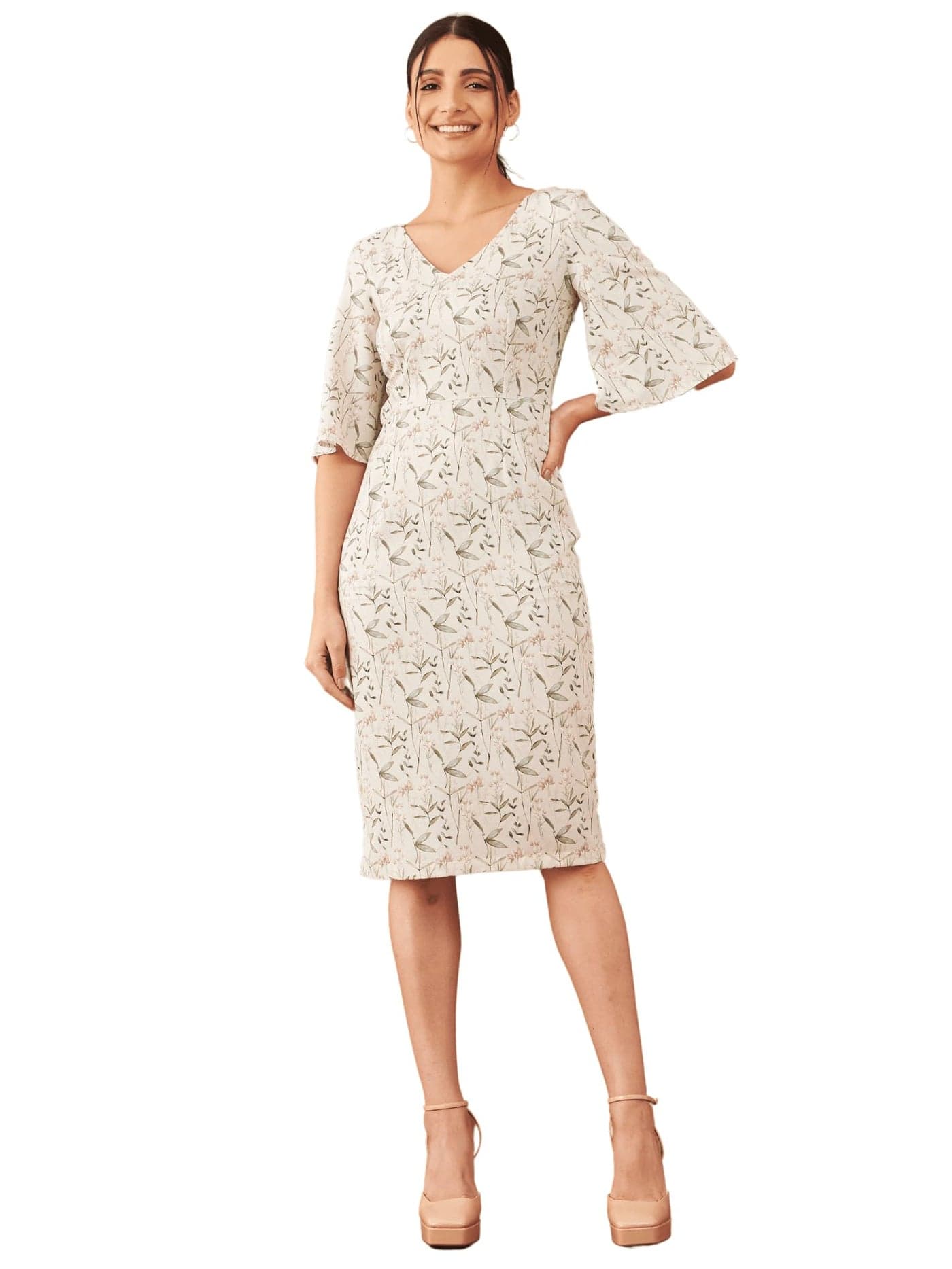 Salt Attire Madrid Multicolor Floral Print Sheath Dress for Women | V-Neck Elbow Sleeve Moss-Crepe Dress | Casual to