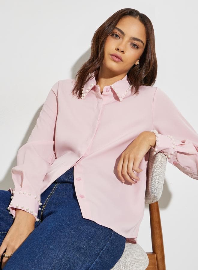 Pink Faux Pearl Trim Shirt