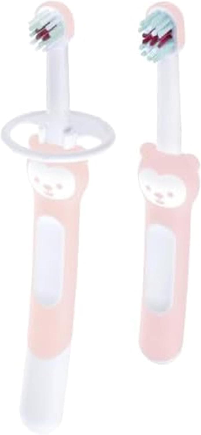 MAM Babys Brush 2 Pack Toothbrush with Safety Shield 6 Months For Teaching Dental Hygiene to Babies Extra Soft Bristles Ergonomic and NonSlip Pink