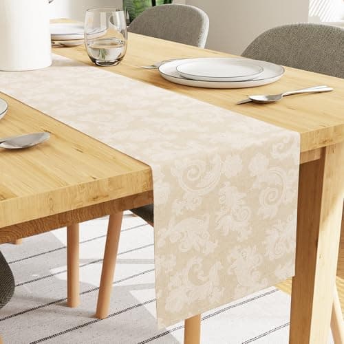 Encasa XO Dining Table Runner for 8 Seater I Size 13"x94" | - Floral Beige Jacquard Style Print on Homespun Cotton | Fast Colours, Machine Washable