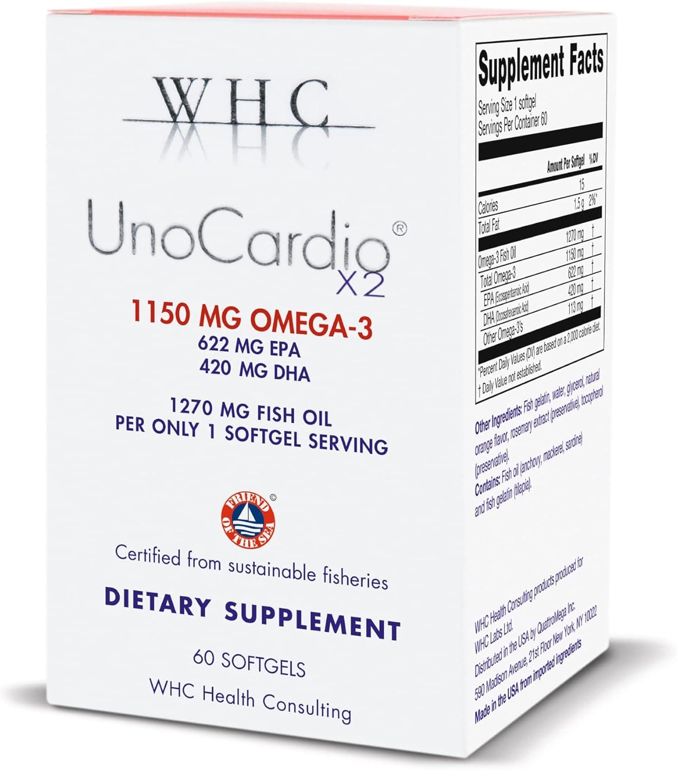 WHC UnoCardio X2 Fish Oil Triglyceride Omega3 Fatty acids 1270 mg Fish Oil Supplement 622 mg EPA 420 mg DHATotal 1150 mg of Omega3 per Serving Natural Orange 60 softgels