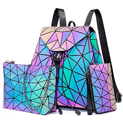 LOVEVOOK Geometric Luminous Backpack for Women Holographic Reflective Purses Crossbody Bag Wallet