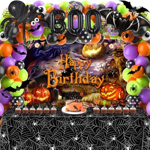 Halloween Birthday Decorations Party Supplies Halloween Themed Party Favors 105 Pcs Including Spider Web Backdrop Tablecloth Cake Toppers Spider Bat Wall Stickers Balloons Arch and kit