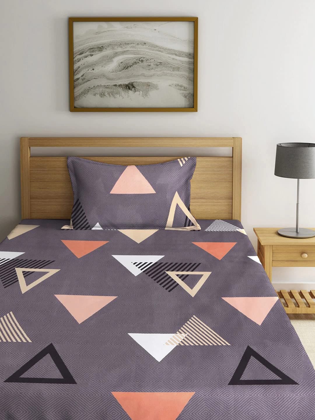 DECOMIZER Cotton Feel Glace Cotton Elastic Fitted All Around Printed Full Length Single Bed Bedsheet With 1 Pillow Cover 300 TC Fits Upto 6 Inches Mattress,Size- 42X75X8 Inches,Grey Triangle