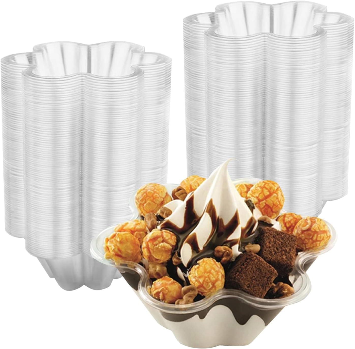 200 Pack Plastic Ice Cream Bowls 85Oz Clear Plastic Ice Cream Dessert Bowls Sundae Snack Fruit Salad Bowl Clear Flower Shape Appetizer Cup Chocolate Dessert Sundae and Nuts
