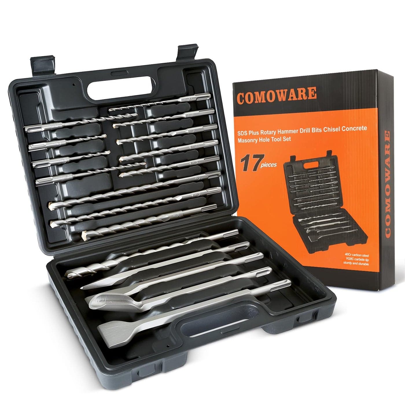 COMOWARE Rotary Hammer Drill Bits Set Chisels SDS Plus Concrete Masonry Hole Tool 17pcs with Storage Case