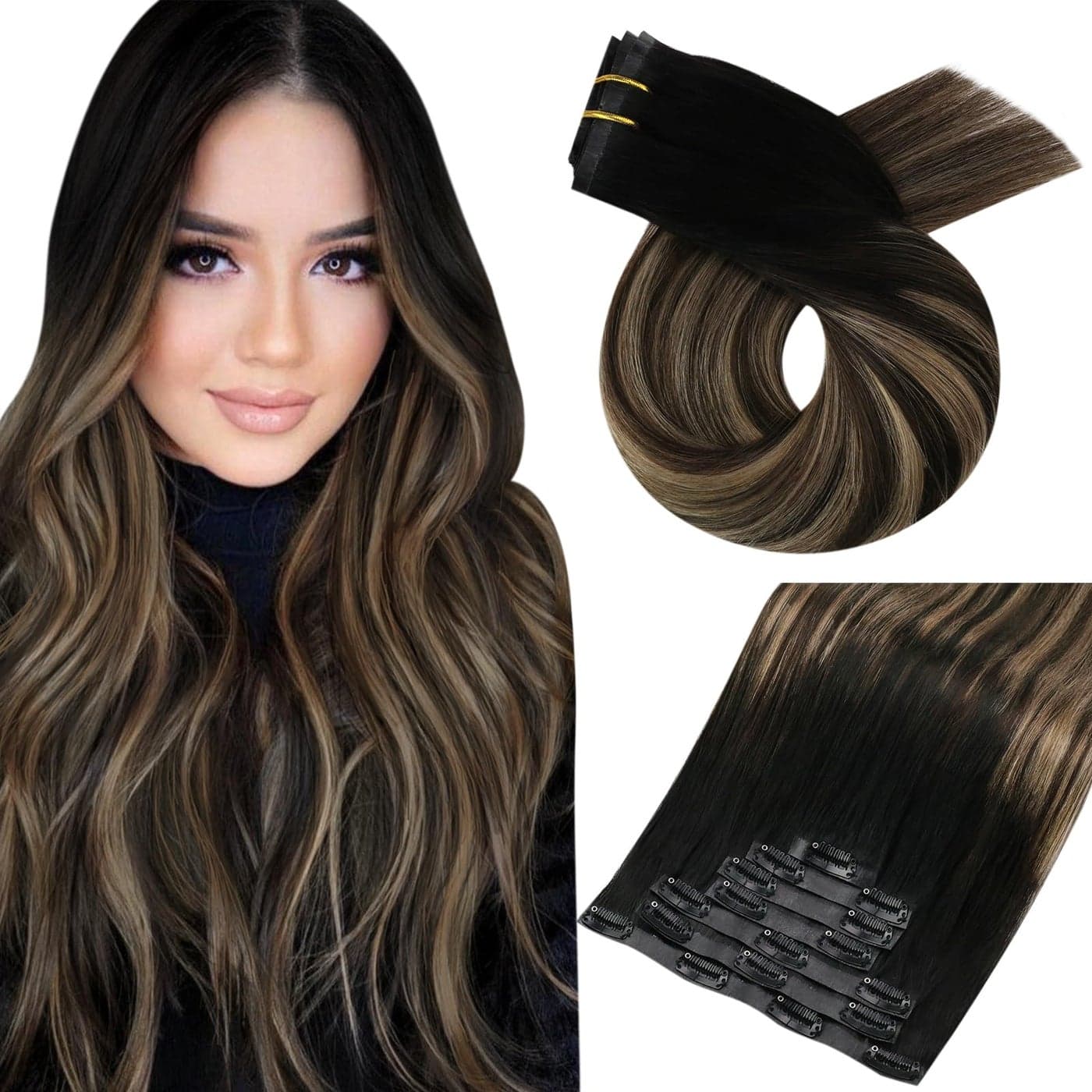 Moresoo Seamless Clip in Hair Extensions Human Hair Balayage PU Real Hair Extensions Clip in Human Hair Ombre Black to Brown Mix Caramel Blonde Full Head 7pcs 120g 18Inch