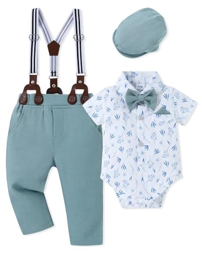 WESIDOM Baby Boy Clothes Suit 0-24M Infant Gentleman Wedding Outfit, Shirt+Bowtie+Beret+Suspender Pants Clothing Set
