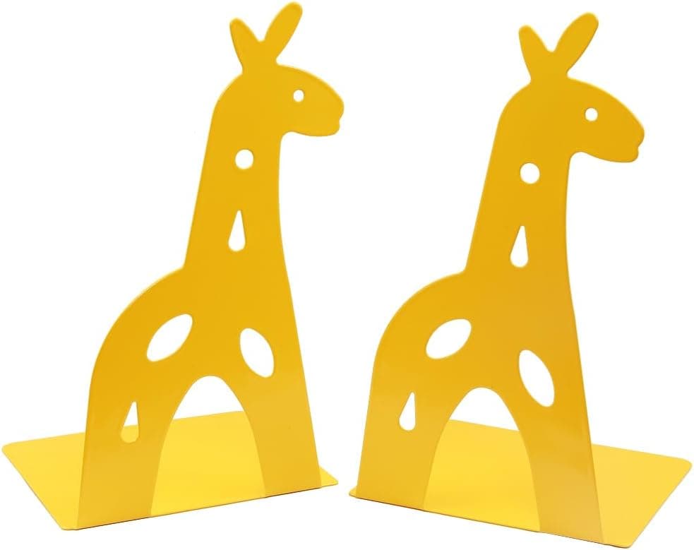 Yellow Giraffe Bookends Cute Metal Book Ends Decorative Bookends Animal Style Book Holder Journal Book Organizer CD Holder Home Office Bookends for Back to School Student Birthday Kids Gifts