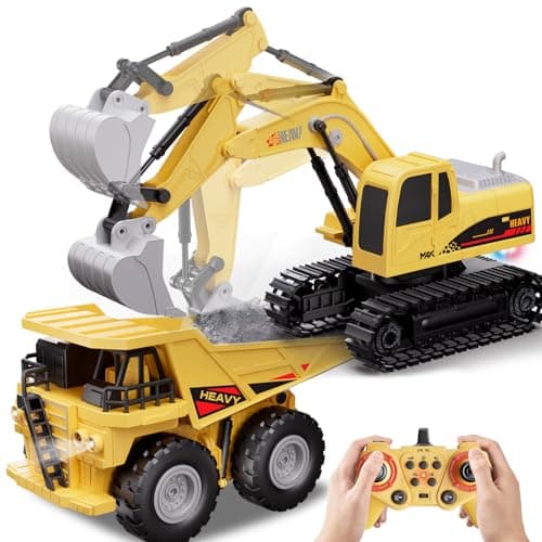 QuirkyGlee RC Excavator and Dump Truck Toy Set for Kids 11 Channel Remote Control Construction Vehicle with Lights and Sounds Music 24Ghz Rechargable Digger Car Gifts for Boys Kids Ages 68