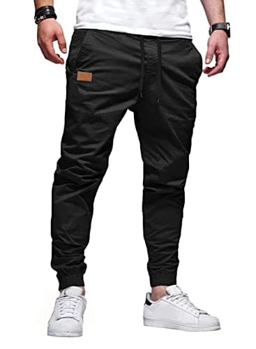 JMIERR Mens Casual Joggers Pants - Cotton Drawstring Chino Cargo Pants Hiking Outdoor Gym Twill Track Jogging Yoga Sweatpants Travel Essentials Jogger Pants with Pockets for Men, L A Black