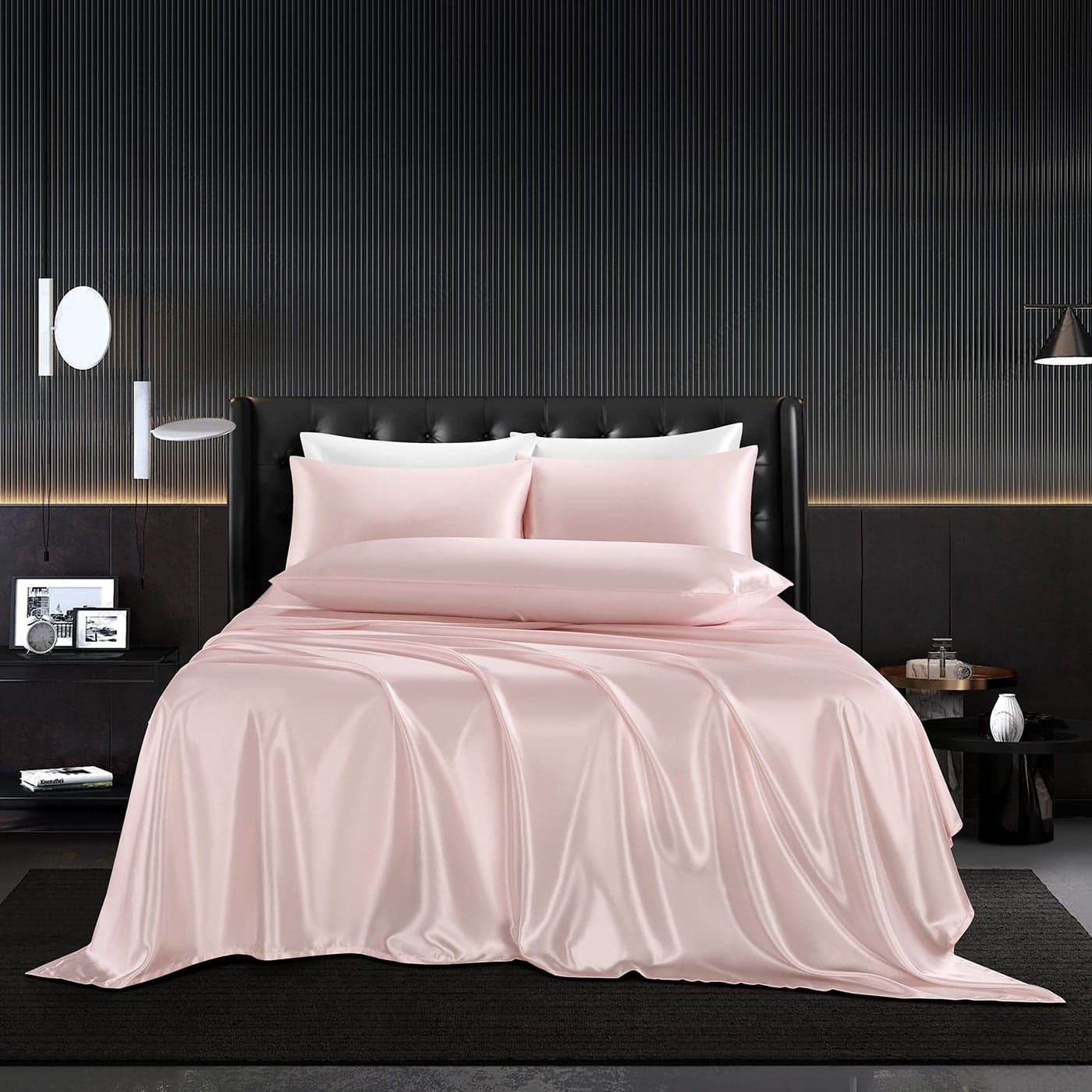 HommxJF 5Pcs Blush Pink Silk Sheets Queen Blush Pink Satin Sheets Set Silky Comforter Bedding Sheets with 1 Satin Flat Sheet1Deep Pocket Fitted Sheet3 Pillowcases with Envelope Closure