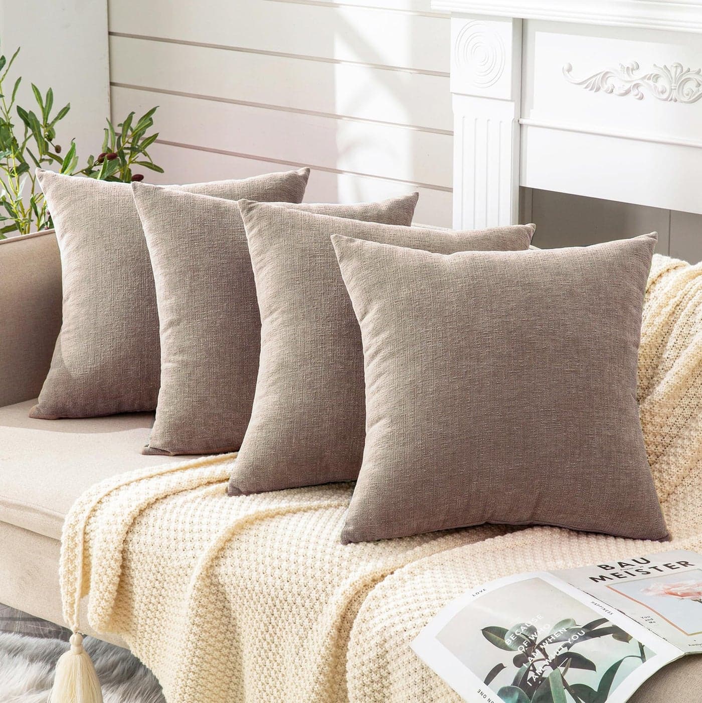 GAWAMAY Decorative Square Throw Pillow Covers 18x18 Inch Set of 4 Super Soft Chenille Pillows Cover Fall Pillowcase for Living Room Bedroom Sofa Couch Cushion Cover Taupe Grey 45x45cm