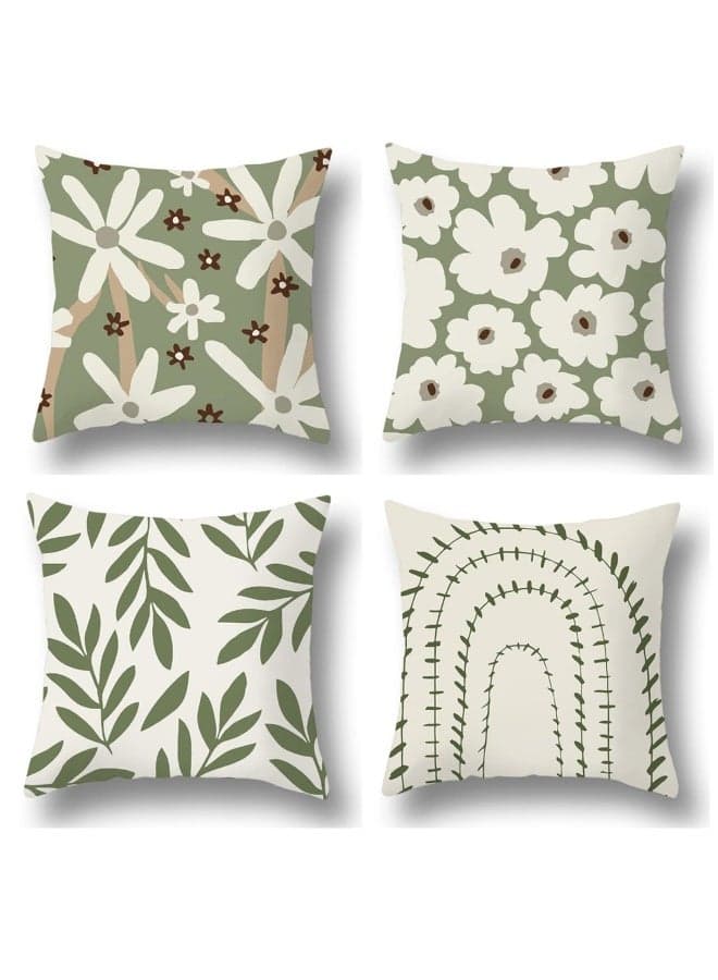 Throw Pillow Case, Set of 4 New Living Series Green Daisy and Leaves Decorative Cushion Cover for Home Decor Sofa Bedroom (18x18 Inch)