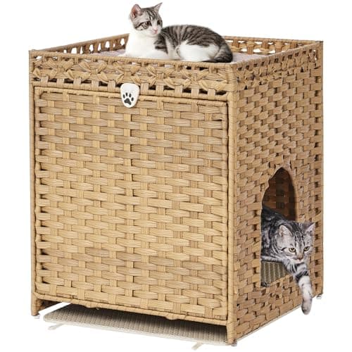 Cat Litter Box Enclosure with Soft Litter Mat; Hidden Cat Washroom Furniture with Door; Handwoven Rattan Cat House; Pet Crate for Living Room, Bedroom, Balcony (Natural)