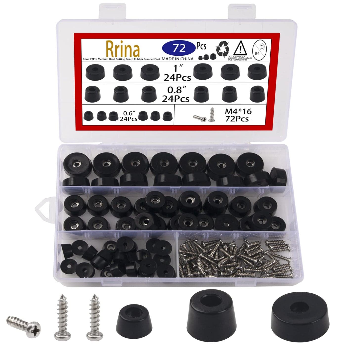 Rrina 72Pcs Medium Hard Cutting Board Rubber Bumper Feet with Stainless Washer Screws Assortment Kit 3 Sizes 06 08 1 for Electronics Appliances Furniture