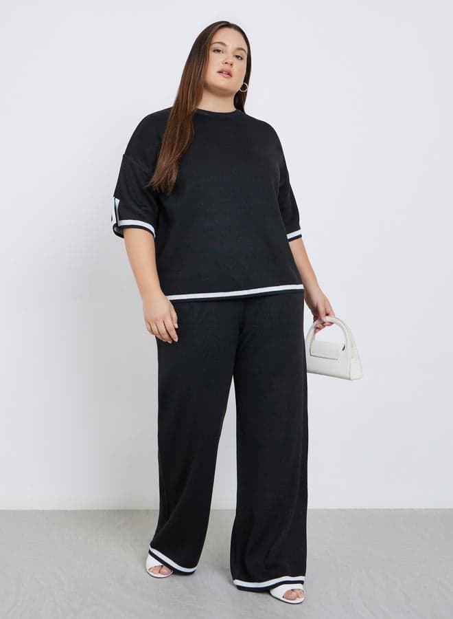 Styli Plus Contrast Trim Wide Leg Knit Pants