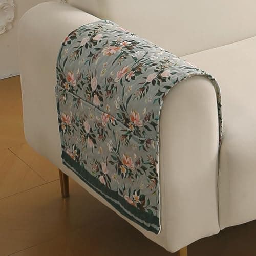 HOKIPO 'Florentina Series' Printed Holland Velvet Sofa Armrest Covers with Pockets & Anti Slip Backing | 1 Pair | Magnolia Green (IN-876-V1*2)