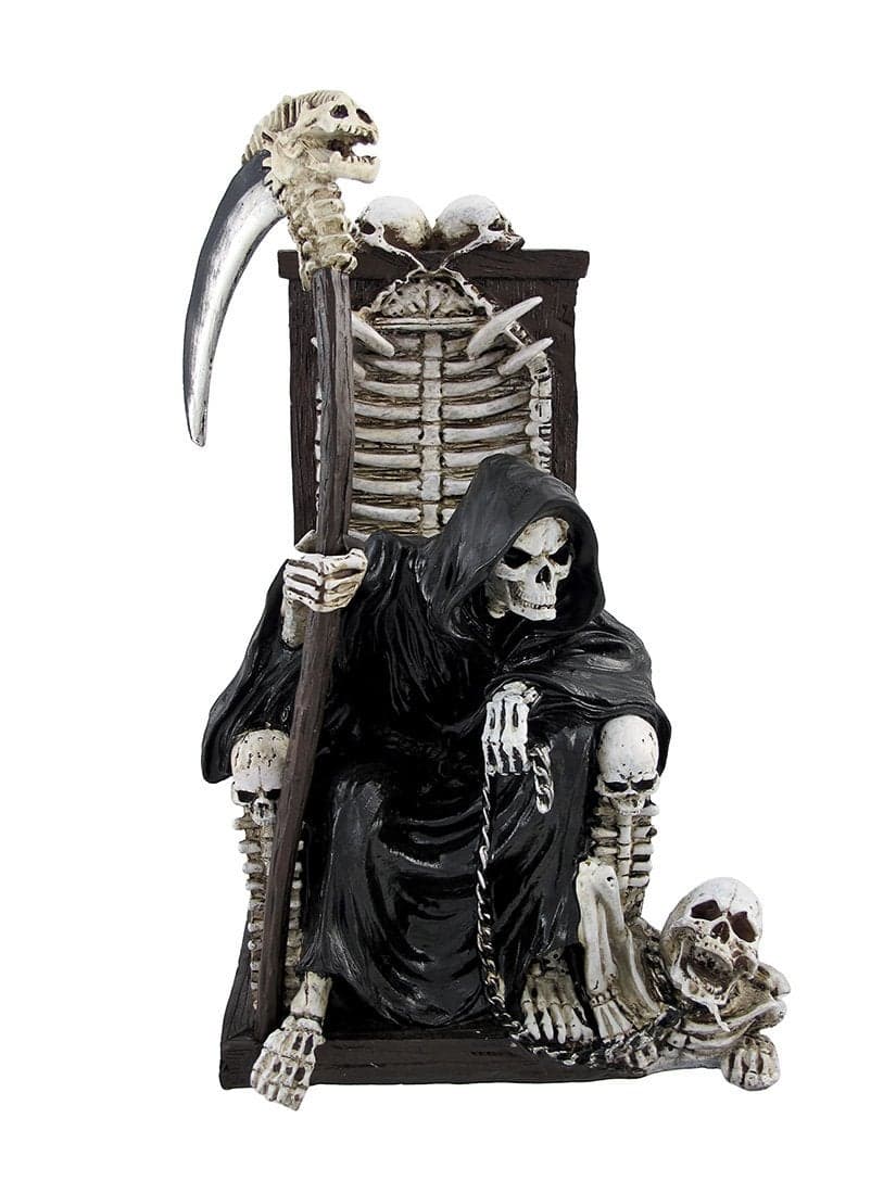 DWK Dark Master Grim Reaper Skeleton on Throne with Pet and Scythe Collectible Gothic Fantasy Figurine Statue Halloween Death Sculpture Home Dcor Accent 10inch