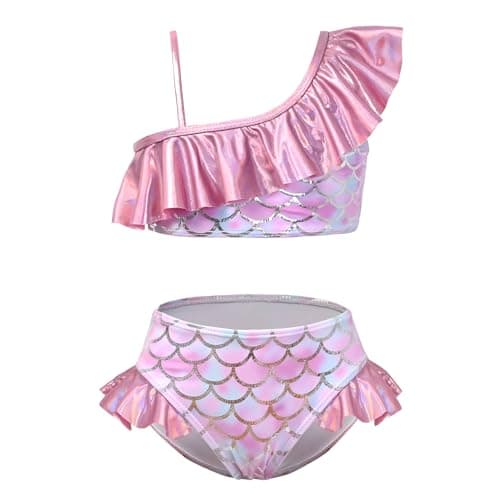 Toddler Girls 2 Piece Bathing Suit Shiny Metallic Ruffles Pink Mermaid Swimsuits Kids Bikini Set,3t 4t