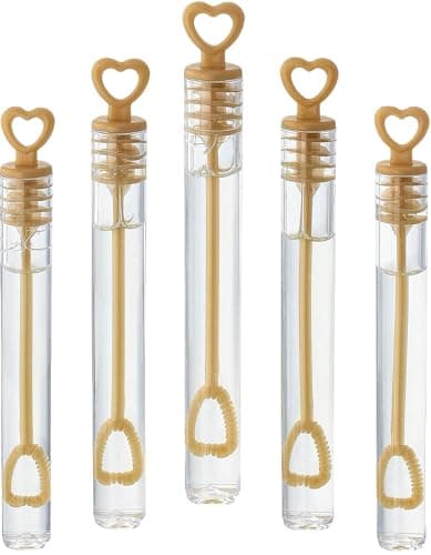 GIFTEXPRESS Bubble Wands Party Favors 96 Pack Mini 425 Tall Gold Color Heart Bubble Sticks 02 Fl Oz 5 mL Tube of Non Toxic Bubbles Solution for Kids