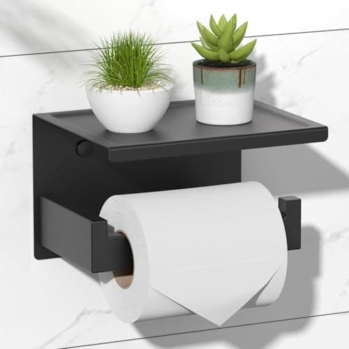 HITSLAM Toilet Paper Holder with Shelf, Stick on Matte Black Toilet Paper Roll Holder, Self Adhesive or Wall-Mount with Screws for Bathroom,Washroom