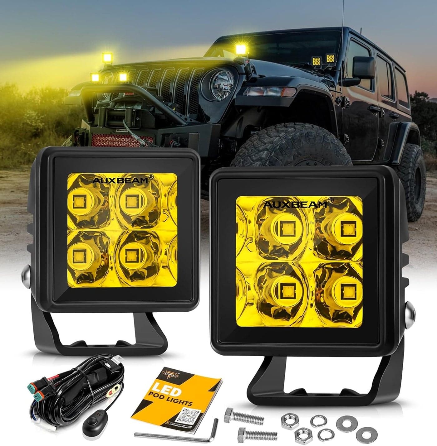 Auxbeam 2 Inch LED Pod Lights Amber Fog Light Off Road Cube Light 4000LM Spot Beam for Truck Jeep Motorcycle ATV UTV, Pair