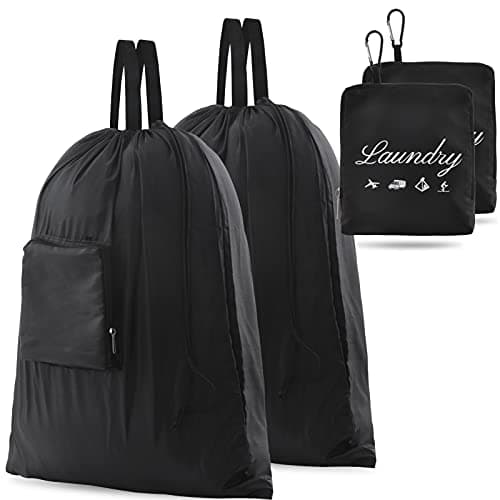 2 Pcs Travel Laundry Bag, JHX Dirty Clothes Bag 【Upgraded】 with Handles and Aluminum Carabiner, Collapsible Laundry Bag for Travel, Camp, Fitness, and Students(Black) 24"L x 21"W