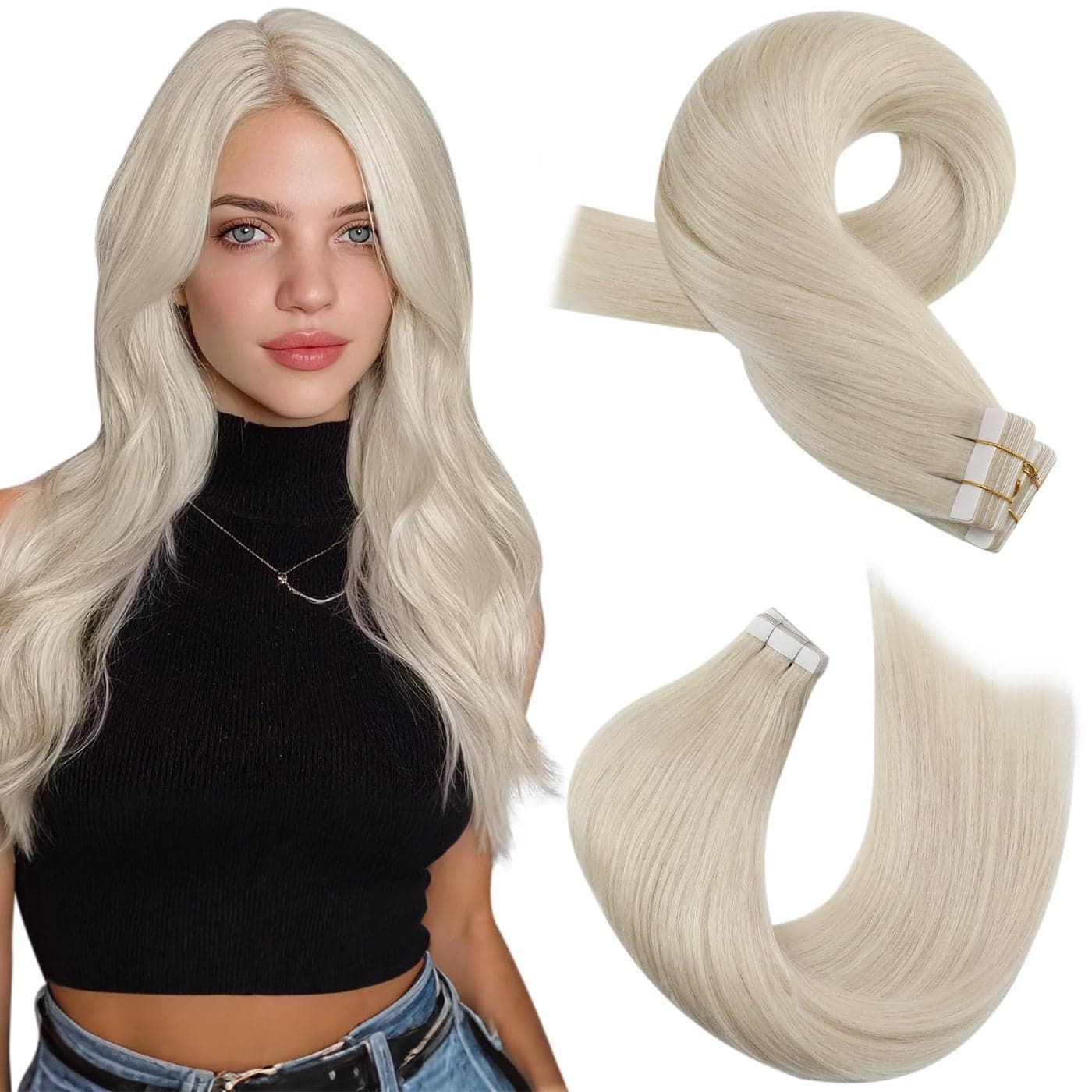 Moresoo Blonde Hair Extensions Tape in Real Human Hair Platinum Blonde Tape in Hair Extensions Invisible Real Human Hair Glue in Extensions Longer Seamless Hair 50G Straight Hair Color 60 20Pcs