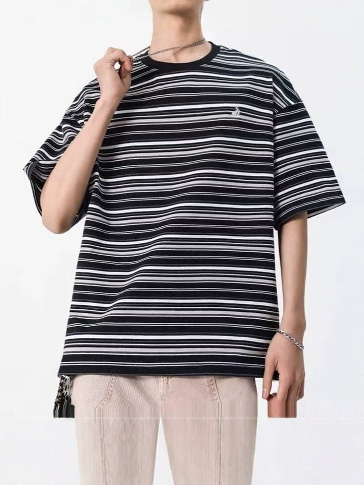 Japanese Retro Trendy Brand Color-Block Striped Short-Sleeve T-Shirt For Men, New Summer Textured Embroidered Crew Neck Half-Sleeve T-Shirt