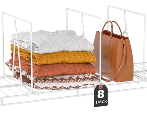 Saccik Wire Shelf Dividers for Closet: 12" D x 10.6" H Sturdy Metal Rack Separators for Pantry Organization, Clothes, Purses, Towels - White Coated Steel Accessories Fit Wire Shelving (8 Pack)