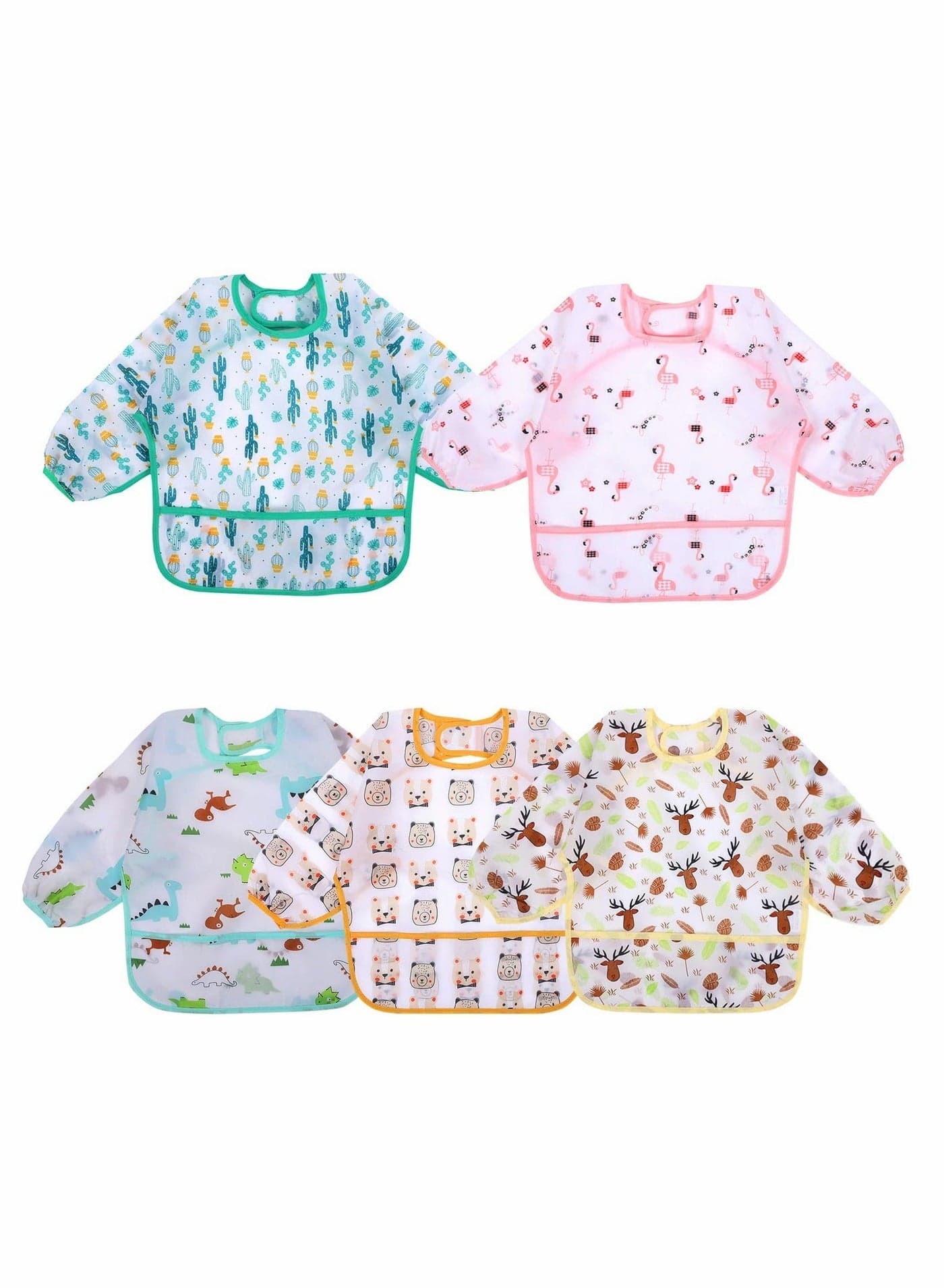 Long Sleeve Bibs for Baby, 5 Pcs Waterproof Baby Bibs, Toddler Sleeved Bib Smock Eating Feeding, 6-36 Months