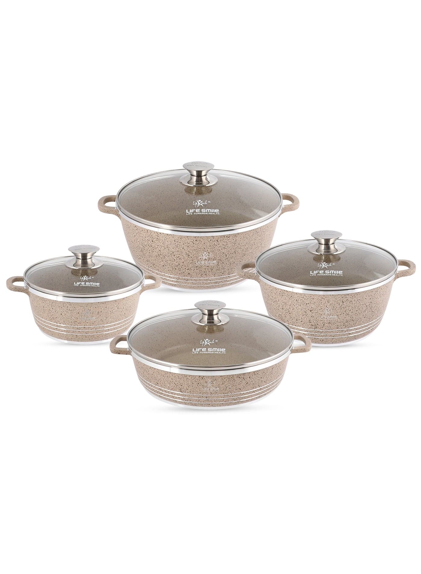 8-Piece Nonstick Granite Cookware Set – Cookwares with Stainless Steel Rim ,Oven-Safe Casseroles Set includes Soup Pot (20cm, 24cm,28cm) with Lid & 28cm Shallow Pot with Lid