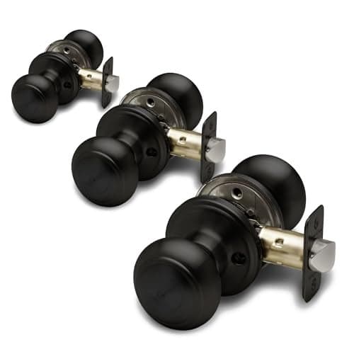 Copper Creek Colonial Passage Interior Door Knob ANSI Grade3 Certified Modern Heavy Duty Handle Easy Install and Reversible for Bedroom Bathroom and Closets Matte Black 3 Pack