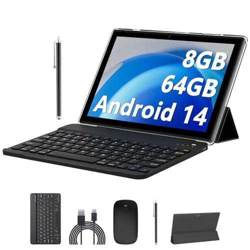 Android 14 Tablets 10 Inch, 2 in 1 Tablet with Keyboard Case, 8GB+64GB ROM/1TB, Quad Core, HD Touch Screen, Dual Carema, Games, Wi-Fi, BT, Google GMS Black