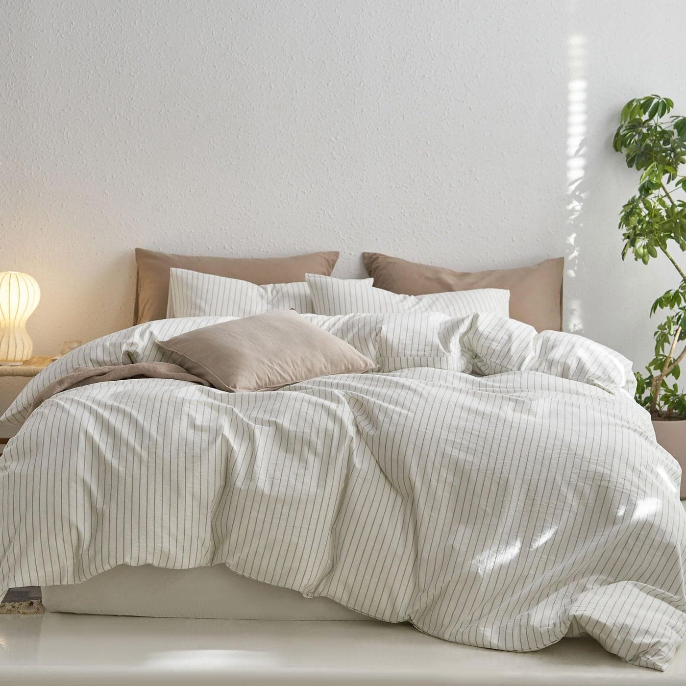 MooMee Striped Duvet Cover Set 100 Washed Cotton Linen Like Textured Breathable Durable Soft Comfy White Sage Green Wide Stripes Queen 90x90