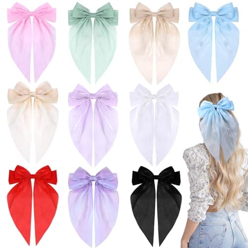 10 PCS Big Hair Bows for Women GirlsTOKUFAGU Large Hair Ribbon Bow Barrette Clips for GirlsHair Bows with Long Tail Vintage French Hair Accessories for Women Polished satin surface