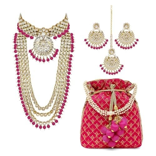 Peora Combo of Kundan Bridal Set & Rani Pink Potli Bag Gifts For Women