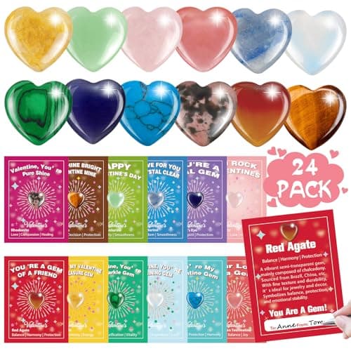 Valentines Day Cards for Kids School 24 Set Valentines Day Gifts for Kids Classroom Exchange Gifts with Natural Heart Shape Gemstone Crystals Rocks Minerals Bulk Prizes Party Favors Goody Bag Filler
