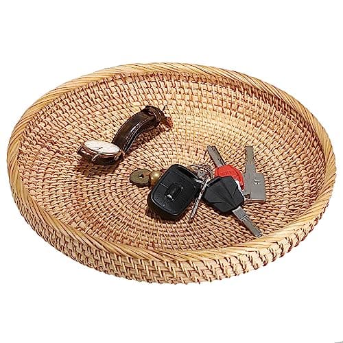 Hipiwe Round Key Basket Bowl for Entryway Table 118 Large Rattan Tray Decorative Ottoman Trays Centerpiece for Coffee Table HandWoven Fruit Basket Wicker Serving Trays