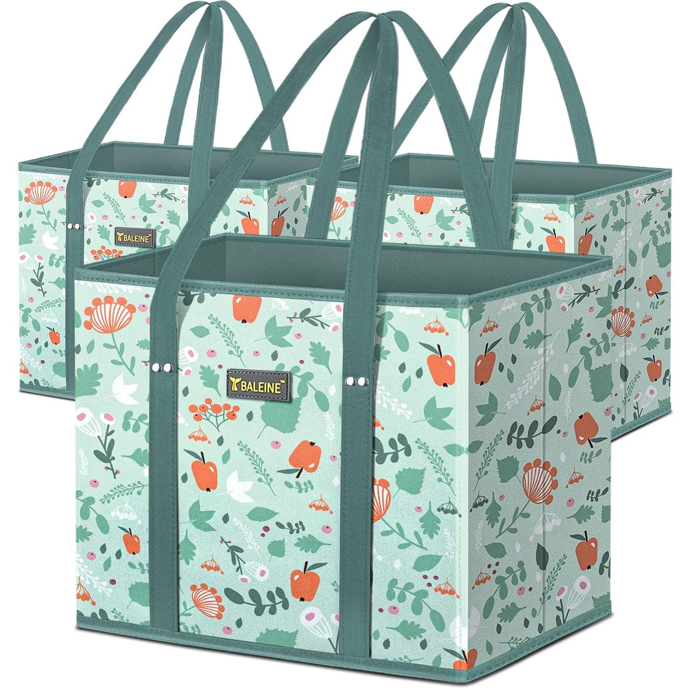 BALEINE 3Pk Reusable Grocery Bags Foldable Shopping Bags for Groceries with Reinforced Bottom Handles Spring Stroll