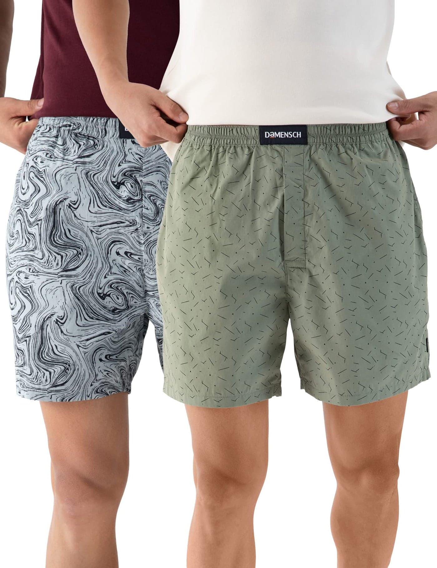 DAMENSCH Boxer Shorts Regular Fit 100% Cotton Inner Boxer Back Pocket Breathable Super-Soft Anti-Bacterial Microfibre Waistband Ultra-Light Innerwear for Men-Dot Green, Marble Grey-2XL
