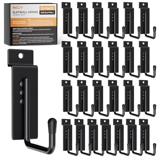 INCLY 25 Pack J-Shaped Slatwall Hooks, Heavy Duty Slat Wall Hanging Hook and Hanger, Slatwall Panel Accessories Display Hooks for Garage, Kitchen, Retail Store