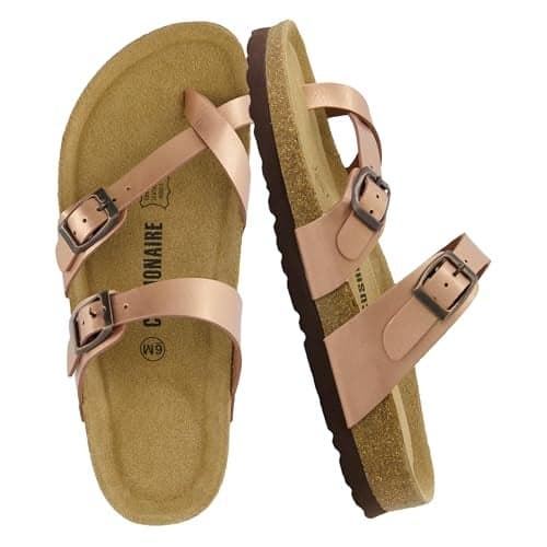 CUSHIONAIRE Luna Crossover Toe Strap Womens Sandals – Cork Footbed Slides with Adjustable Straps, Summer Sandals for Women 2025, ROSE GOLD 7