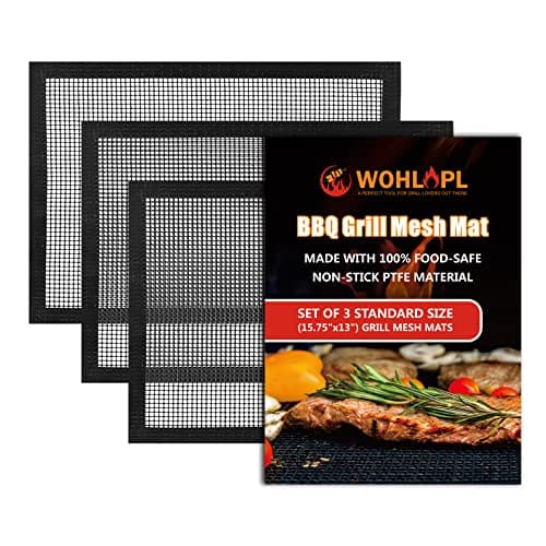 WOHLOPL 3 Pack Grill Mesh Mat Outdoor Grill, Heavy Duty and Non Stick BBQ Grilling Mats & Baking Mats, Resuable and Easy to Clean, Works on Gas Charcoal and Electric BBQ (15.7 x 13 Inch x 3 pcs)