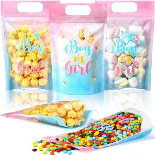 Capoda 50 Pcs Boy or Girl Gift Bags Clear Gender Reveal Sealing Pouches with Handles Blue Pink Baby Shower Plastic Bags for Baby Gender Reveal Party Candy Gift Wrapping Supplies DecorBoy or Girl