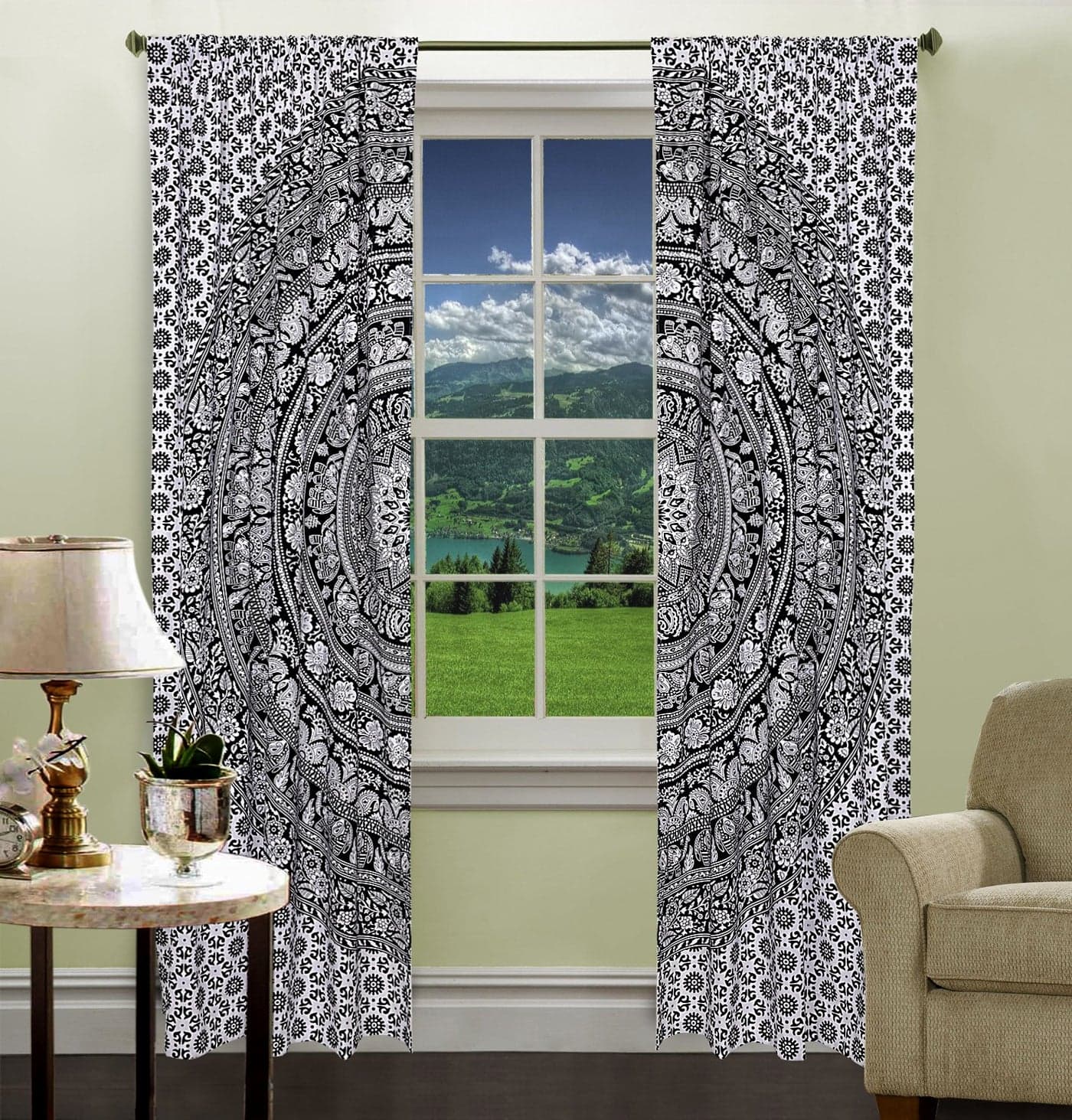 Black Elephant Mandala Printed Valances Drapes Windows Hanging Tapestry Curtain Treatments Panels Valances by Handicraft-Palace