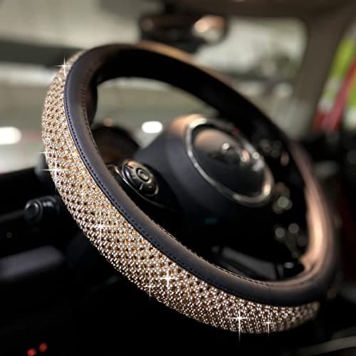 PINCTROT Bling Bling Comfy Steering Wheel Cover with Jumbo Crystal Rhinestones AntiSlip Diamond Leather Car Steer Cover Gold