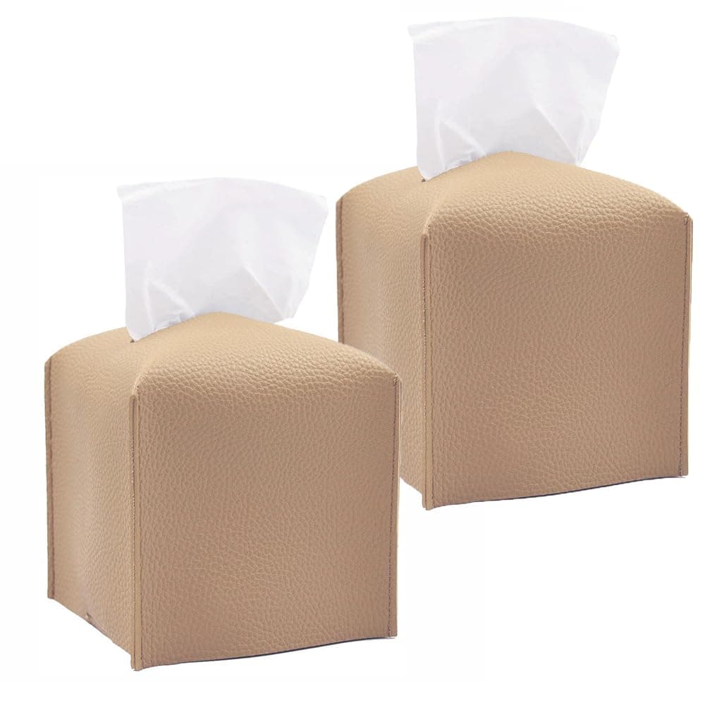 HOMOTEK 2 Pack Tissue Box Cover Square PU Leather Tissue Holder Decorative Facial Tissue Cube Paper Organizer Dispenser for Bathroom Night Stands Desk Car 5X5X5 Beige Pebble Grain