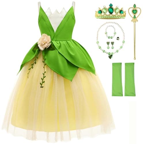 TYHTYM Princess Tiana Costume Girls Princess and the Frog Cosplay Dress Up Fancy Gown Toddler Holiday Birthday Party Green 78Y